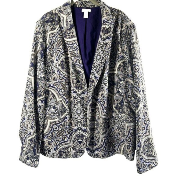 Chicos Women Blazer Jacket XXL Paisley Blue Purple Lined Pockets Long Sleeves - Picture 1 of 9